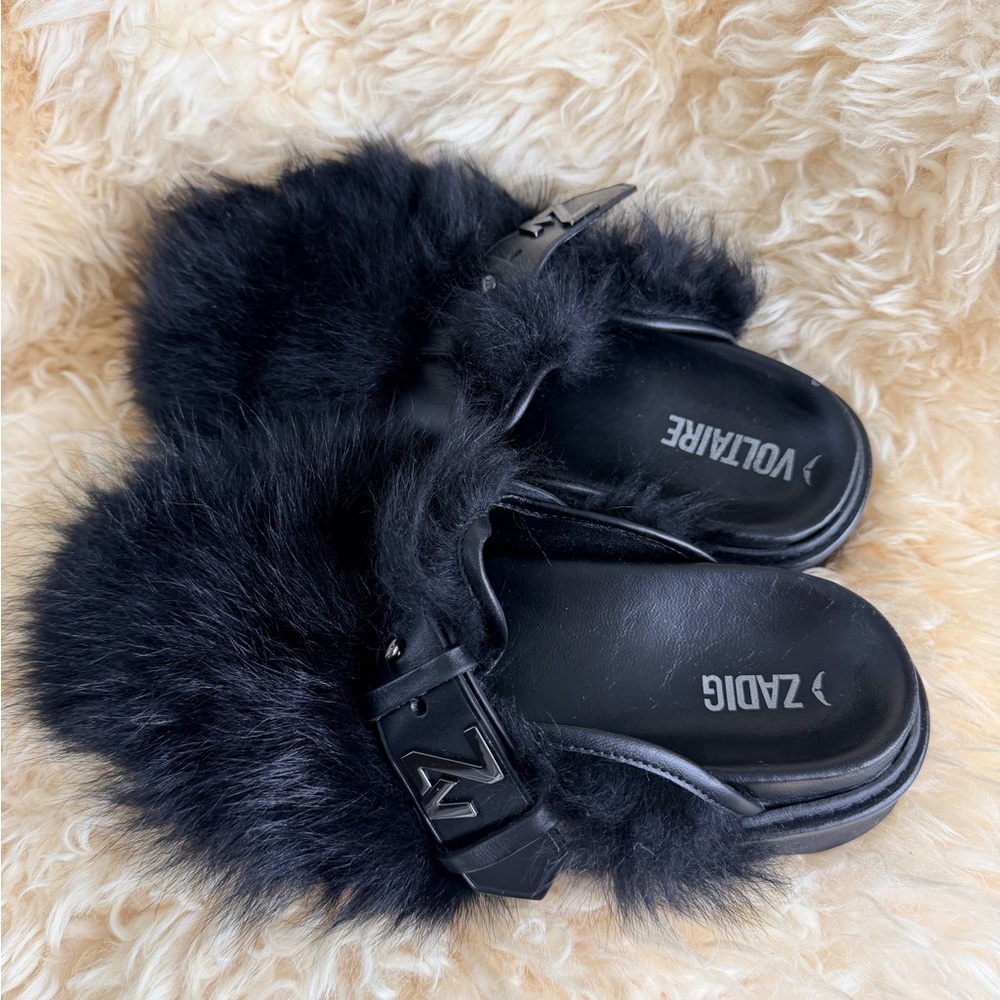 Zadig & Voltaire Black Fur Slide Mules